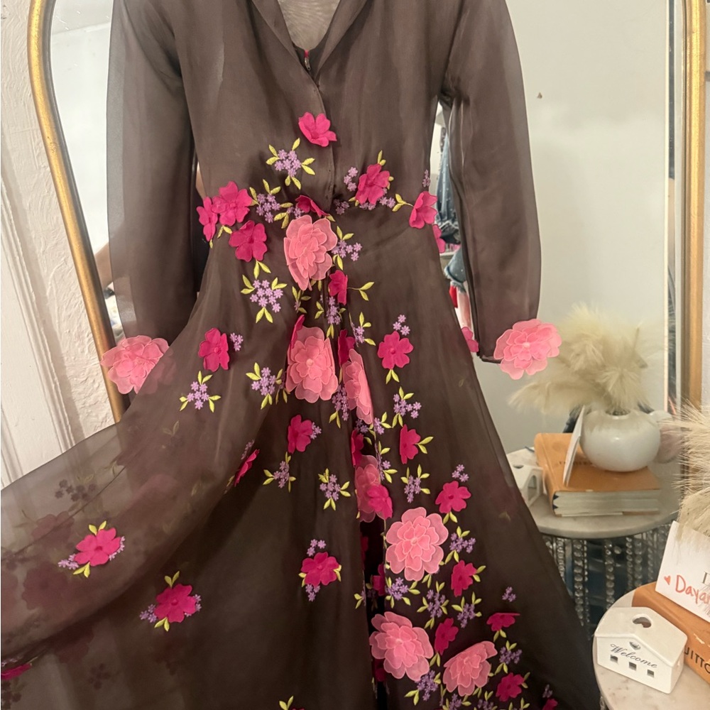 Vintage 70s Stavropoulos Sheer Floral Appliqué Maxi Dress Boho Romantic - Picture 5 of 16